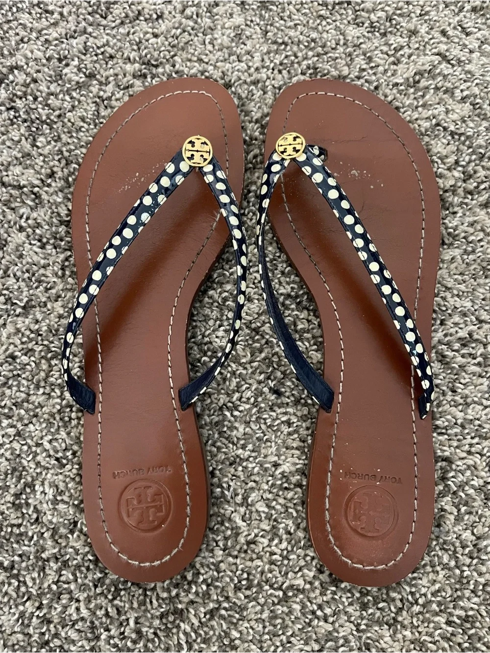 Women’s Tory Burch Terra Nautical Polka Dot Thong Sandals Flip Flops Navy Sz 10